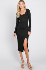 Black Ribbed Front Slit Midi Dress