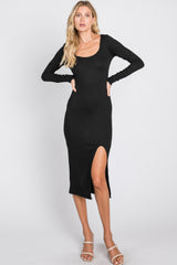 Black Ribbed Front Slit Midi Dress