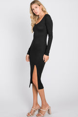 Black Ribbed Front Slit Midi Dress