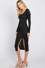 Black Ribbed Front Slit Midi Dress