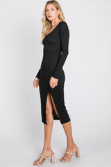 Black Ribbed Front Slit Midi Dress