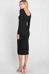 Black Ribbed Front Slit Midi Dress