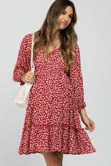 Red Floral Ruffle Trim Maternity Dress