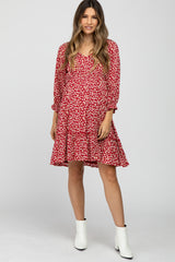 Red Floral Ruffle Trim Maternity Dress