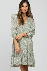 Light Olive Floral Ruffle Trim Maternity Dress