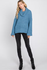 Blue Cowl Neck Cuff Sleeve Soft Knit Sweater