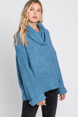 Blue Cowl Neck Cuff Sleeve Soft Knit Sweater