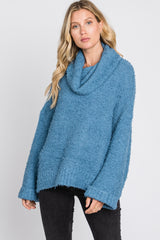 Blue Cowl Neck Cuff Sleeve Soft Knit Sweater