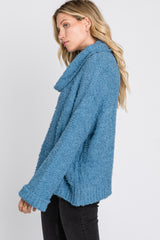 Blue Cowl Neck Cuff Sleeve Soft Knit Sweater