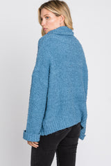 Blue Cowl Neck Cuff Sleeve Soft Knit Sweater