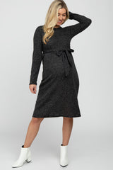 Black Brushed Heathered Long Sleeve Maternity Dress