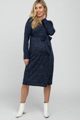 Navy Brushed Heathered Long Sleeve Maternity Dress