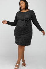 Black Brushed Heathered Long Sleeve Maternity Plus Dress