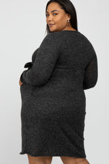 Black Brushed Heathered Long Sleeve Maternity Plus Dress