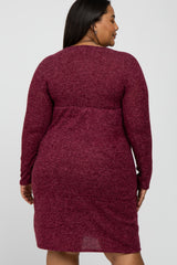 Burgundy Brushed Heathered Long Sleeve Maternity Plus Dress