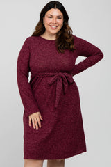 Burgundy Brushed Heathered Long Sleeve Maternity Plus Dress