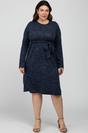 Navy Brushed Heathered Long Sleeve Plus Dress