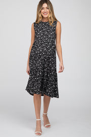 Black Floral Ribbed Tiered Maternity Midi Dress