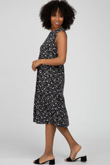 Black Floral Ribbed Tiered Midi Dress