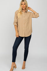 Beige Hi Low Button Up Collared Top