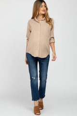 Beige Hi Low Button Up Collared Maternity Top