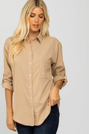 Beige Hi Low Button Up Collared Top