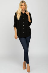 Black Hi Low Button Up Collared Top