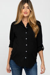 Black Hi Low Button Up Collared Maternity Top