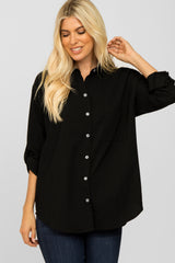 Black Hi Low Button Up Collared Top