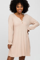 Beige Ribbed Button Front Long Ruffle Sleeve Maternity Dress