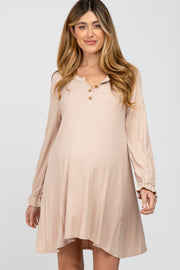 Beige Ribbed Button Front Long Ruffle Sleeve Maternity Dress