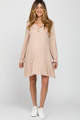 Beige Ribbed Button Front Long Ruffle Sleeve Maternity Dress