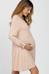 Beige Ribbed Button Front Long Ruffle Sleeve Maternity Dress