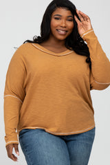 Camel Contrast Stitch Maternity Plus Dolman Sleeve Top