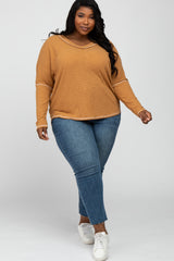 Camel Contrast Stitch Plus Size Dolman Sleeve Top