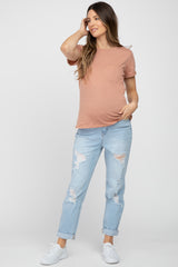 Light Blue Distressed Cuffed Straight Leg Maternity Jeans