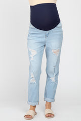 Light Blue Distressed Cuffed Straight Leg Maternity Jeans