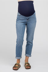 Blue Rolled Cuff Relaxed Straight Leg Maternity Jeans