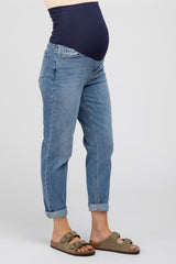 Blue Rolled Cuff Relaxed Straight Leg Maternity Jeans