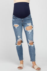 Blue Distressed Open Knee Maternity Skinny Jeans