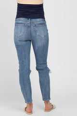 Blue Distressed Open Knee Maternity Skinny Jeans