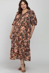 Black Floral Button Front Tiered Maternity Plus Maxi Dress