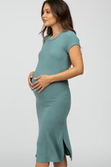 Teal Brushed Ribbed Maternity Midi Dress