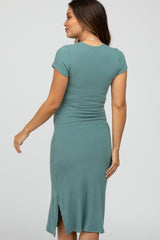 Teal Brushed Ribbed Maternity Midi Dress