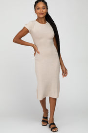 Beige Brushed Ribbed Midi Dress