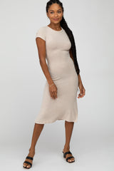 Beige Brushed Ribbed Midi Dress