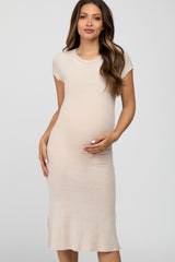 Beige Brushed Ribbed Maternity Midi Dress