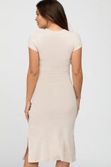 Beige Brushed Ribbed Maternity Midi Dress