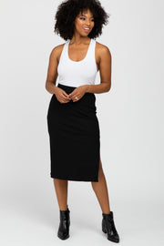 Black Ribbed Side Slit Midi Skirt