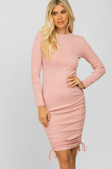 Pink Ribbed Long Sleeve Ruched Dress